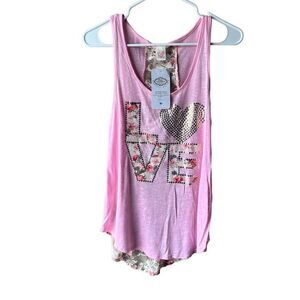 Kate Pink LOVE Floral Print Tank Top Size S Women's Summer Gold Beaded Accent